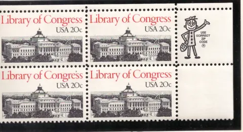 Library of Congress block of four — Mr. ZIP selvage