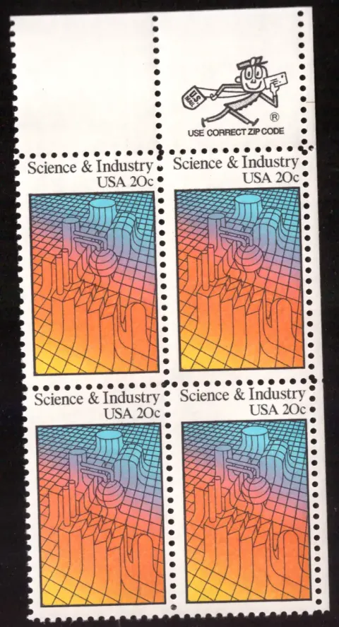 1983 Science and Industry block of four – Mr. ZIP / USE CORRECT ZIP CODE