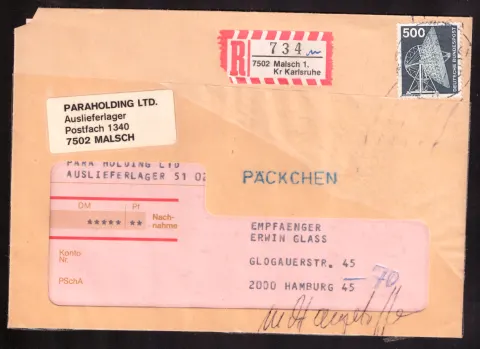 Registered Päckchen/COD wrapper with 500-pfennig stamp