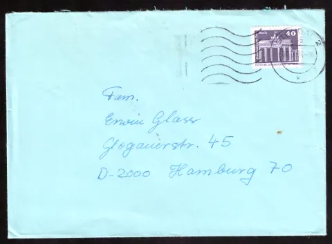 Blue GDR cover with 40-pfennig Brandenburg Gate stamp