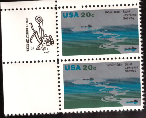 1984 Saint Lawrence Seaway pair – Mr. ZIP / USE CORRECT ZIP CODE selvage