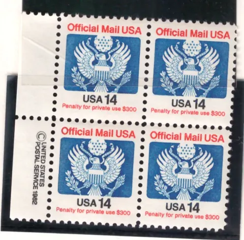 1985 Official Mail – 14-cent Great Seal block of 4