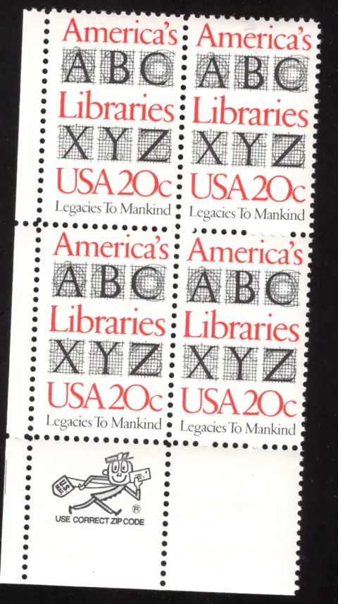 America's Libraries block of four — Mr. ZIP selvage