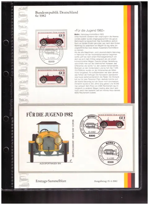 Ersttags-Sammelblatt 6c/1982 – For Youth 1982 – historic motor vehicles