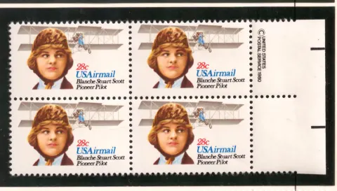 Blanche Stuart Scott – copyright margin airmail block of 4