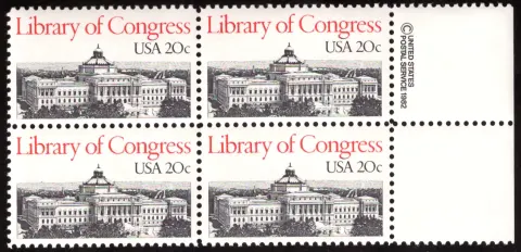 Library of Congress block of four — copyright selvage