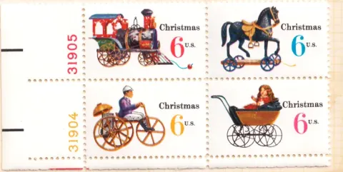 Christmas Toys – se-tenant block with plate-number selvage