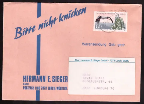 Hermann E. Sieger merchandise mailing with 80-pfennig Alfred Brehm stamp