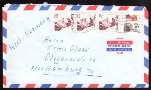 US airmail cover to Hamburg with four stamps