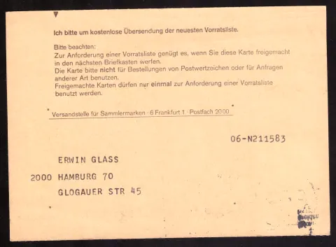 Philatelic stock-list request form postcard