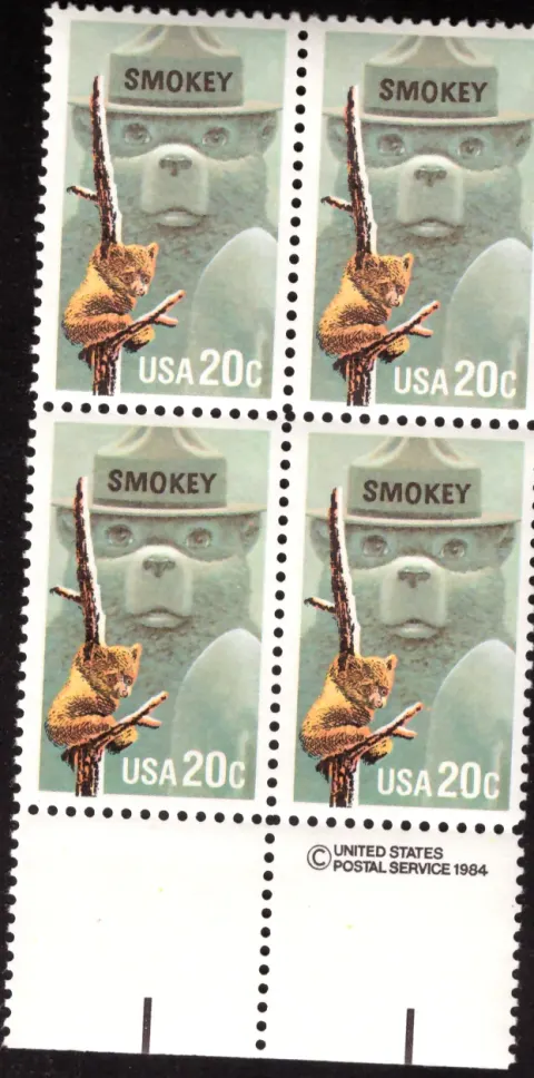 1984 Smokey Bear block of four – USPS copyright and registration lines selvage