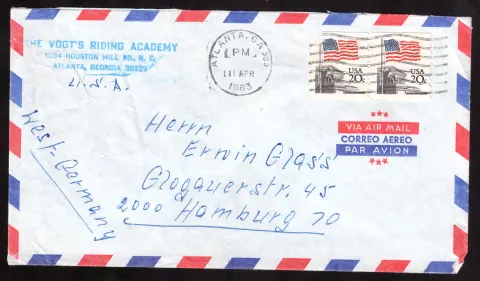 Airmail cover from Atlanta to Hamburg