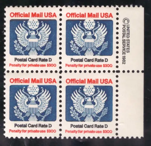 1985 Official Mail – Postal Card Rate D block of 4