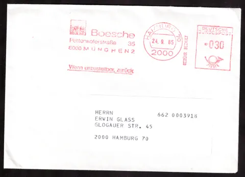 Boesche business cover with 30-pfennig meter franking
