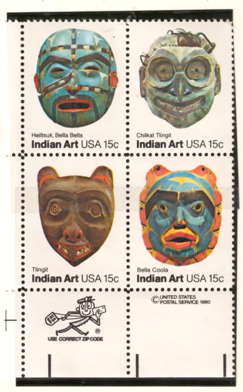 Indian Art – se-tenant block of four with lower ZIP and copyright selvage