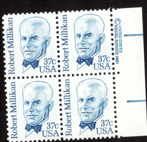 Robert Millikan block of four — copyright selvage