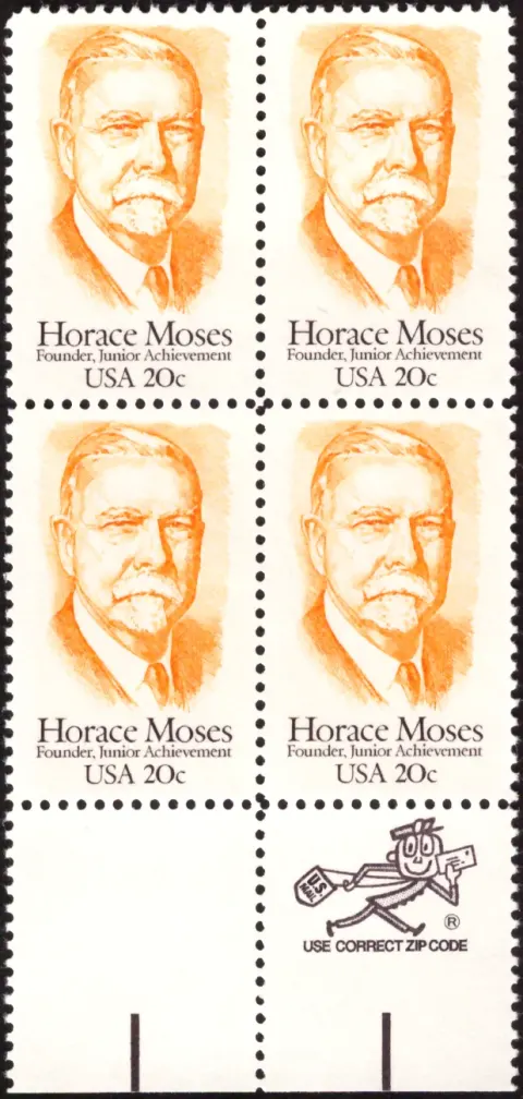 1984 Horace Moses / Junior Achievement block of four – Mr. ZIP / USE CORRECT ZIP CODE selvage