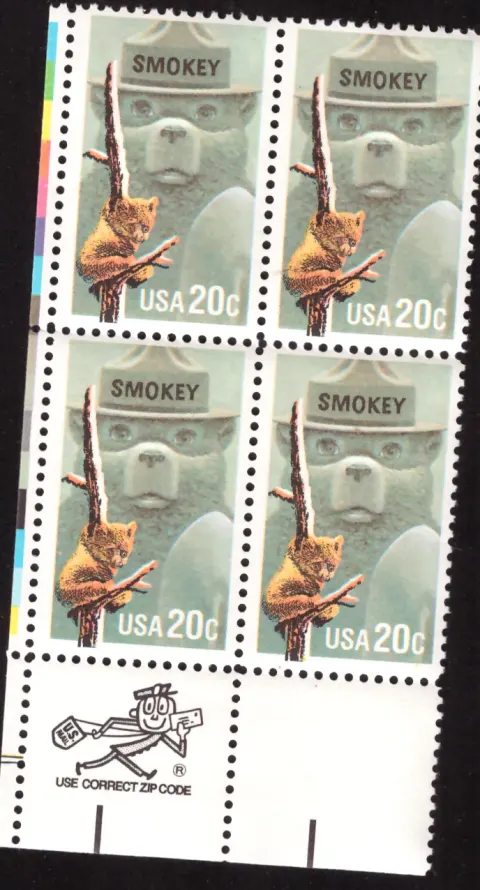 1984 Smokey Bear block of four – Mr. ZIP, registration lines and color bars selvage