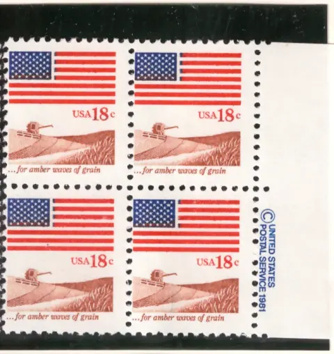Flag over Field, for amber waves of grain – copyright margin block of 4