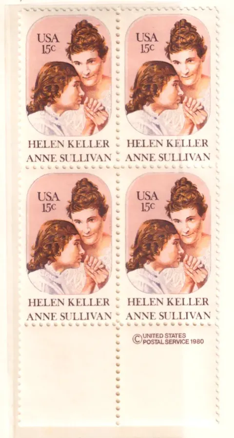 Helen Keller and Anne Sullivan – block of four with lower copyright selvage