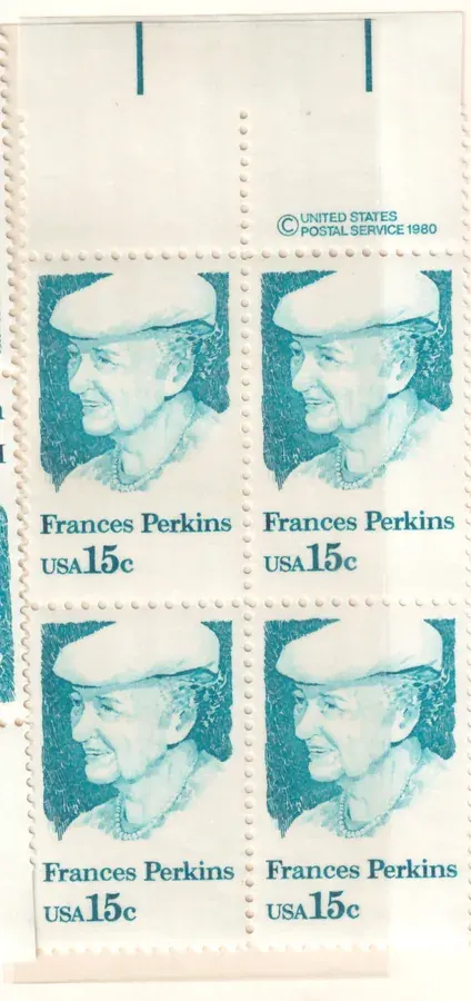 Frances Perkins – block of four with upper copyright selvage