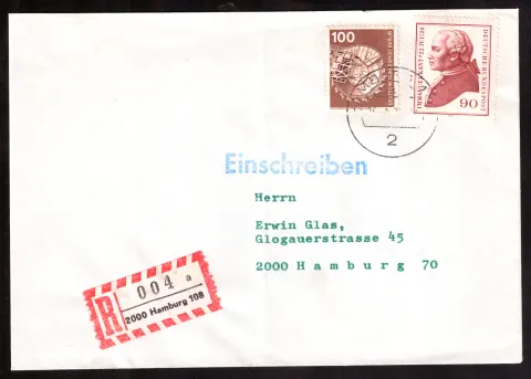Registered Hamburg cover with Kant and brown-coal excavator stamps
