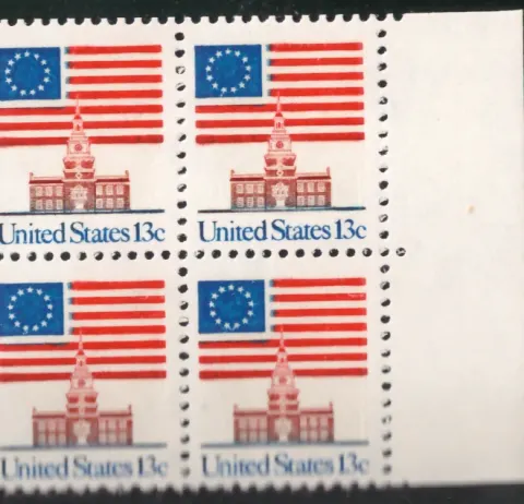 Flag over Independence Hall block of four — blank selvage