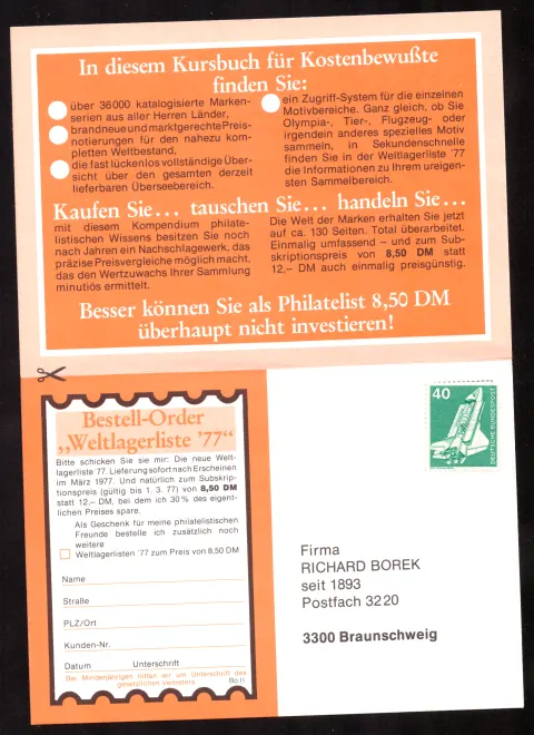 Folded Richard Borek “Weltlagerliste ’77” advertising card