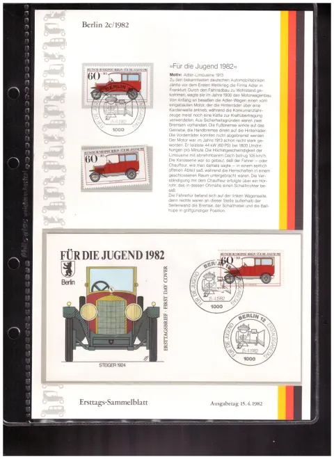 Ersttags-Sammelblatt 2c/1982 – For Youth 1982 – historic motor vehicles
