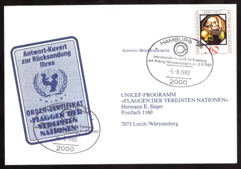UNICEF reply cover with Hamburg 1980 special cancellation