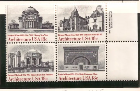 American Architecture – copyright margin se-tenant block of 4