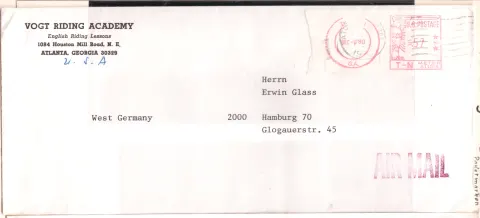 Vogt Riding Academy to Hamburg – 57c metered airmail cover