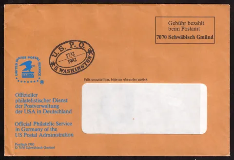 U.S. Postal Service official philatelic cover from Germany