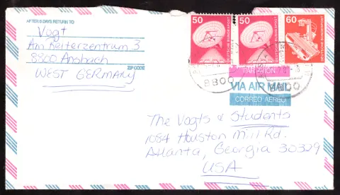 Airmail cover to Atlanta with three technology stamps