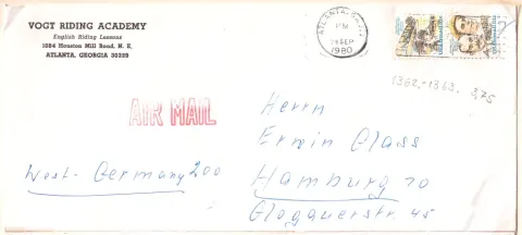 Vogt Riding Academy airmail cover – Atlanta to Hamburg