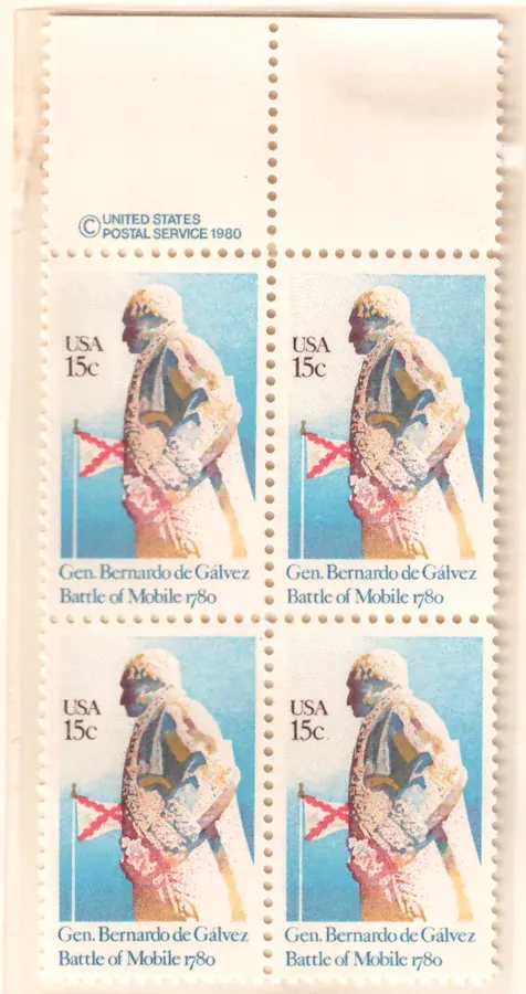 General Bernardo de Gálvez – block of four with upper copyright selvage