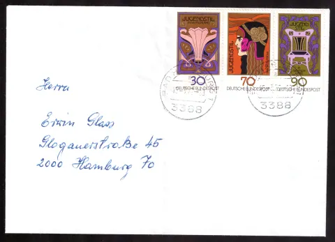 Triple “Art Nouveau in Germany” franking