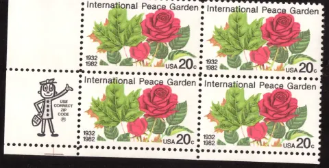 International Peace Garden block of four — Mr. ZIP selvage