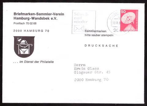 Philatelic-club printed matter with collectors’ stamp slogan
