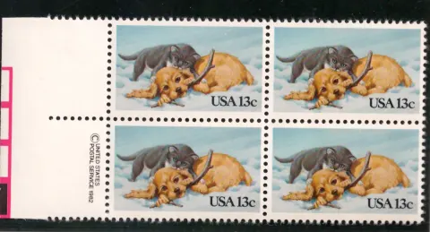 Kitten and Puppy block of four — copyright and color-bar selvage