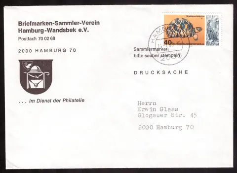Philatelic-club printed matter with radiated tortoise stamp
