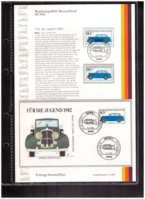 Ersttags-Sammelblatt 6d/1982 – For Youth 1982 – historic motor vehicles