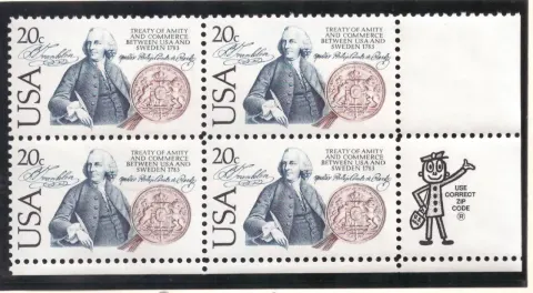 USA–Sweden Treaty of Amity block of four — Mr. ZIP selvage