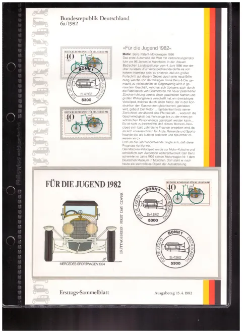 Ersttags-Sammelblatt 6a/1982 – For Youth 1982 – historic motor vehicles