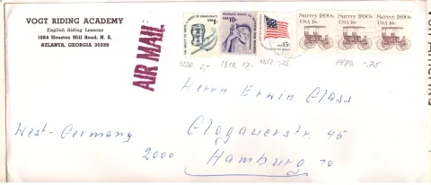 Vogt Riding Academy to Hamburg – six-stamp airmail cover