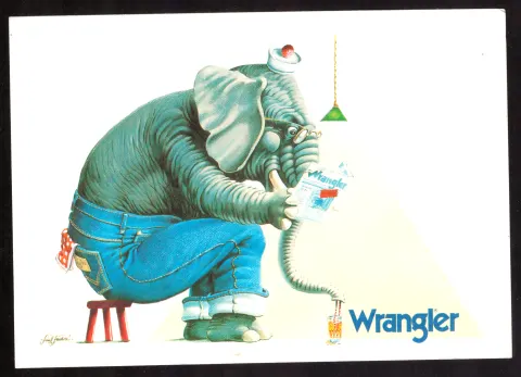 Wrangler advertising postcard with elephant dentist