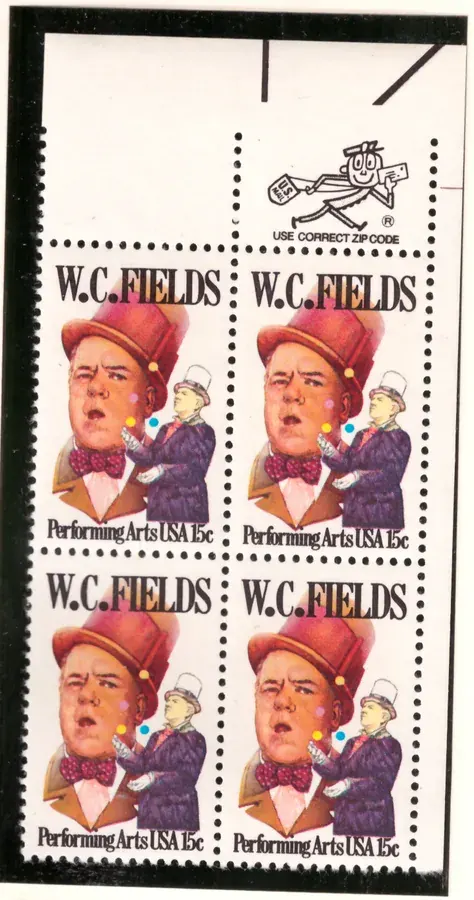 W. C. Fields – block of four with upper ZIP selvage