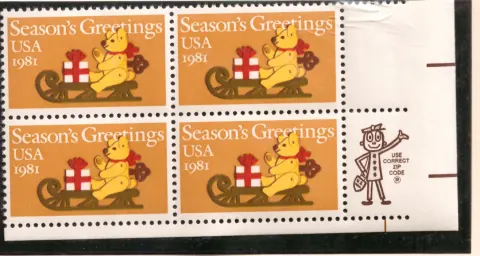 Season's Greetings, Teddy Bear on Sleigh – margin block of 4