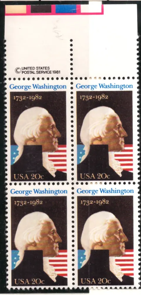 George Washington 250th Birth Anniversary block of four — copyright and color-bar selvage