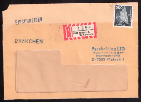 Registered ParaHolding parcel cover with 500-pfennig stamp
